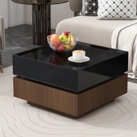 ON-TREND Multi-functional Square 360°Rotating Coffee Table with 2 Drawers, High Gloss 2-Tier Center Table with Swivel Tabletop and Storage