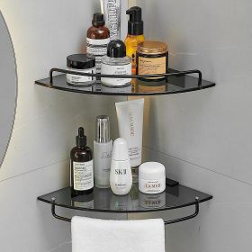 Glass Corner Shelf for Bathroom Corner Shower Shelf Black Tempered Glass Shelf with Rail Bathroom Corner Organizer Bathroom Shelves Wall Mounted