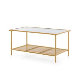 2-Tier Coffee Table with Shelf Center Tea Table with Tempered Glass Top