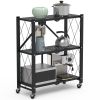 3-Tier Foldable Storage Shelf With Lockable Wheels No Assembly Rolling Utility Shelf Heavy Duty Collapsible Organizer Rack For Kitchen Living Room Bas