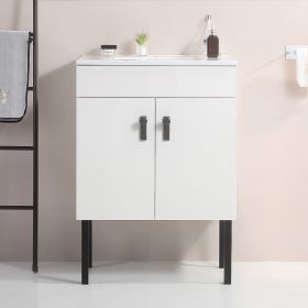 24" Bathroom Vanity with Metal Leg,with White Ceramic Basin,Two Soft Close Cabinet Doors, Solid Wood,Excluding faucets,white