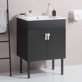 24" Bathroom Vanity with Metal Leg,with White Ceramic Basin,Two Soft Close Cabinet Doors, Solid Wood,Excluding faucets,Black