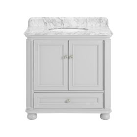 36'' Bathroom Vanity with Carrara Natural Marble Top and Backsplash, Bathroom Storage Cabinet with Doors and Drawers in Gray