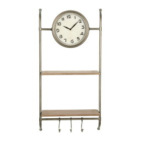 Woven Paths 16" x 5.75" x 32.25" Metal Wall Clock with Natural Wood Shelves and Hooks