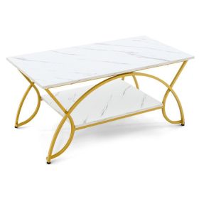 2-Tier Faux Marble Coffee Table with Marble Top and Metal Frame (Color: White)