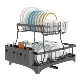 Dish Drying Rack with Drainboard Detachable 2-Tier Dish Rack Drainer Organizer Set with Utensil Holder Cup Rack Swivel Spout for Kitchen Counter (Color: Black)