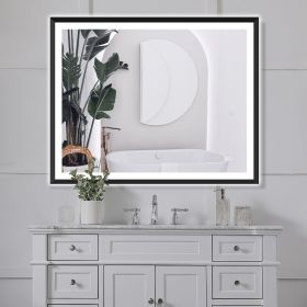 4 Size LED Bathroom Mirror;  Backlit and Front Lighted Mirror for Bathroom;  Wall Mounted Bathroom Vanity Framed Mirror Includes Dimmer;  ; Defogger; (Color: Matte Black, size: 40"*32")