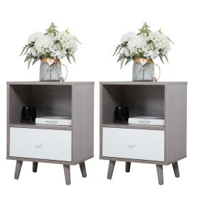 Set of 2 Mid Century Bedside Table, Nightstand with Drawer and Shelf Storage, Side Accent Table for Living Room Bedroom (Color: gray)