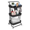 3 Tier Rolling Utility Cart Movable Storage Organizer with Mesh Baskets Lockable Wheels 360 Degree Rotatable Hanging Box Hooks Bedroom Bathroom Kitche