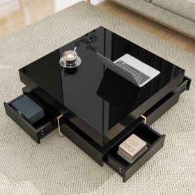 ON-TREND Modern High Gloss Coffee Table with 4 Drawers, Multi-Storage Square Cocktail Tea Table with Wood Grain Legs, Center Table for Living Room (Color: as Pic)